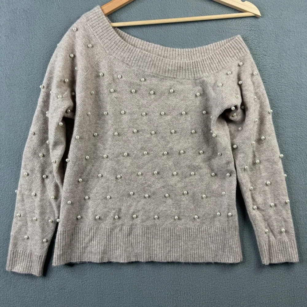 Charter Club Luxury 100% Cashmere Pearl Studded Off Shoulder Sweater Taupe Med